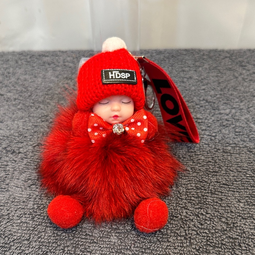 Sweet, cute, sleeping, baby doll,  Red Plush rabbit, fur Keychain fluffy NWT